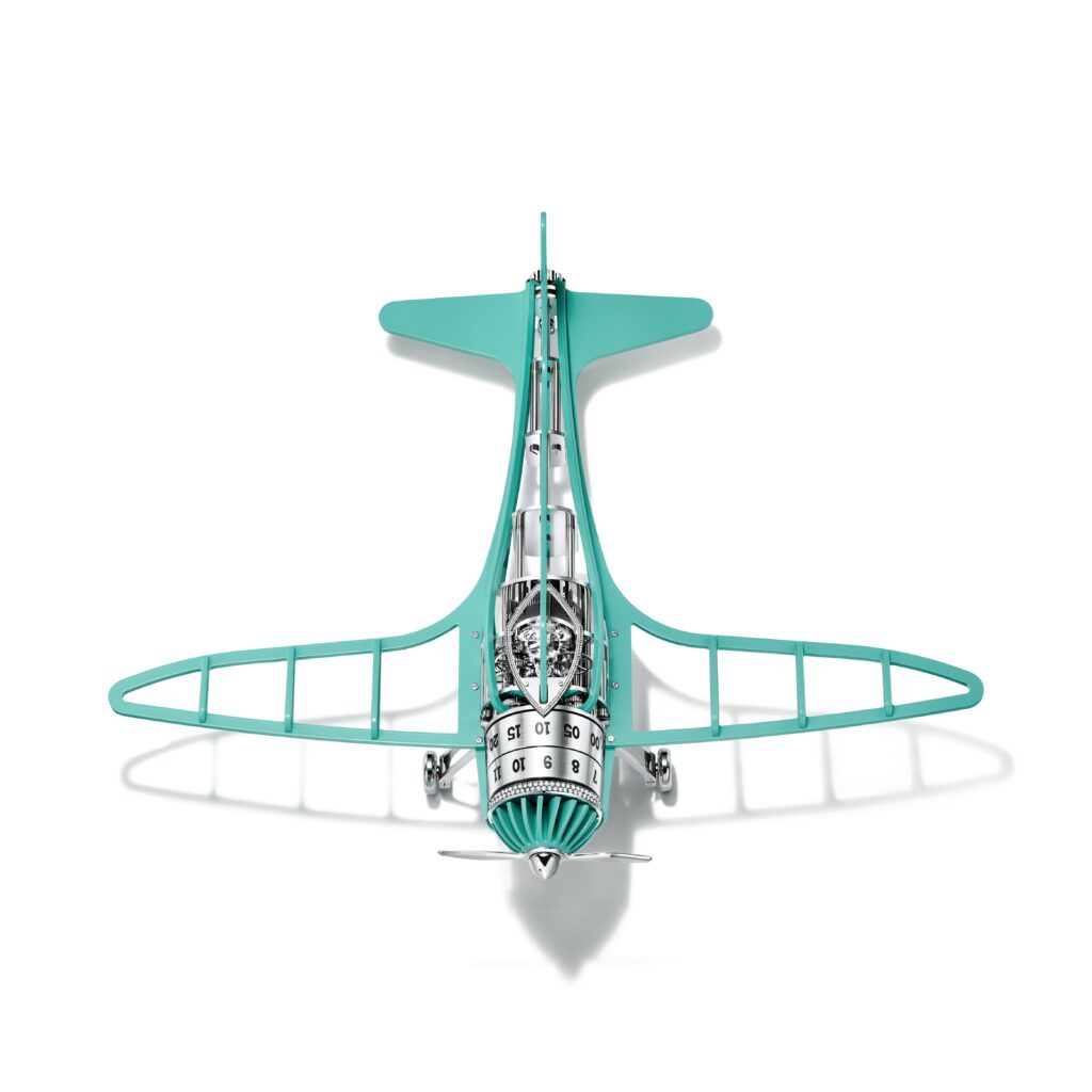 Tiffany Airways mechanical clock in aluminum with a Tiffany Blue® finish and round brilliant diamonds of 4.5 total carats